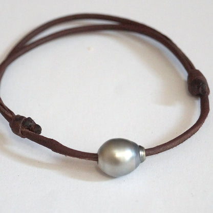bracelet cuir et perle tahiti