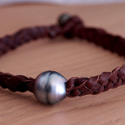 bracelet cuir tresse perle tahiti