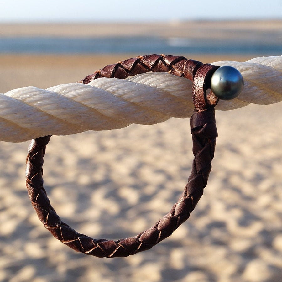cuir tressé et perle de Tahiti bijou homme 