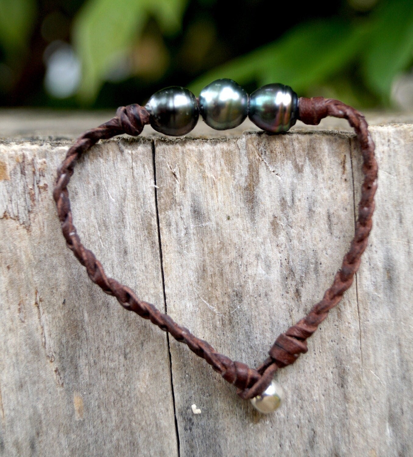 Bracelet 3 Perles de Tahiti et cuir tressé Lior