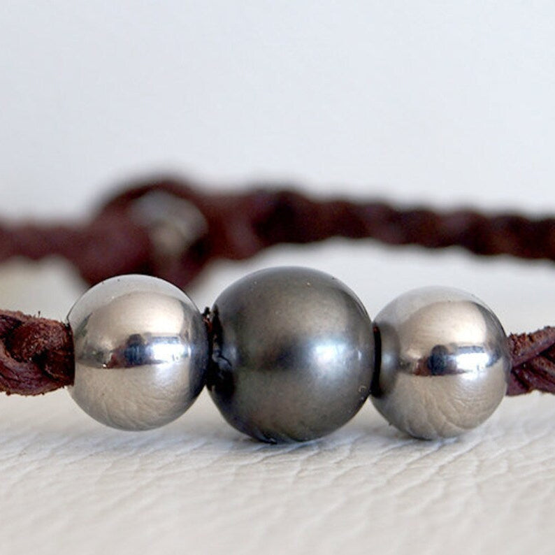 bracelet tressé pour homme avec perle de Tahiti et perle inoxydable