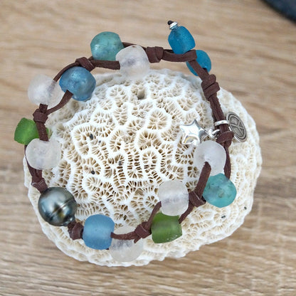 bracelet cuir et perle tahiti