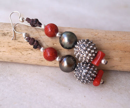 Boucles d'oreilles avec Perles de Tahiti,  perles de corail argent 925 - Dalia