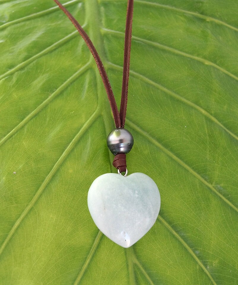 Pendentif coeur amazonite, perle de Tahiti, cuir collier ajustable - Gina