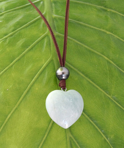 Pendentif coeur amazonite, perle de Tahiti, cuir collier ajustable - Gina