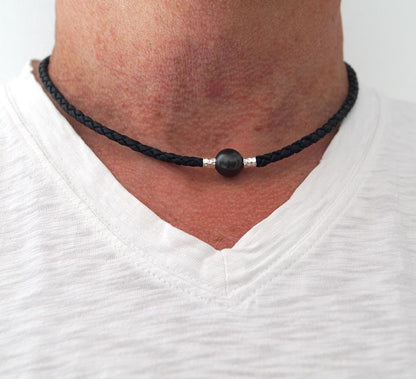 Collier Perle de Tahiti, cuir tressé, fermoir acier inoxydable magnétique - Tupai