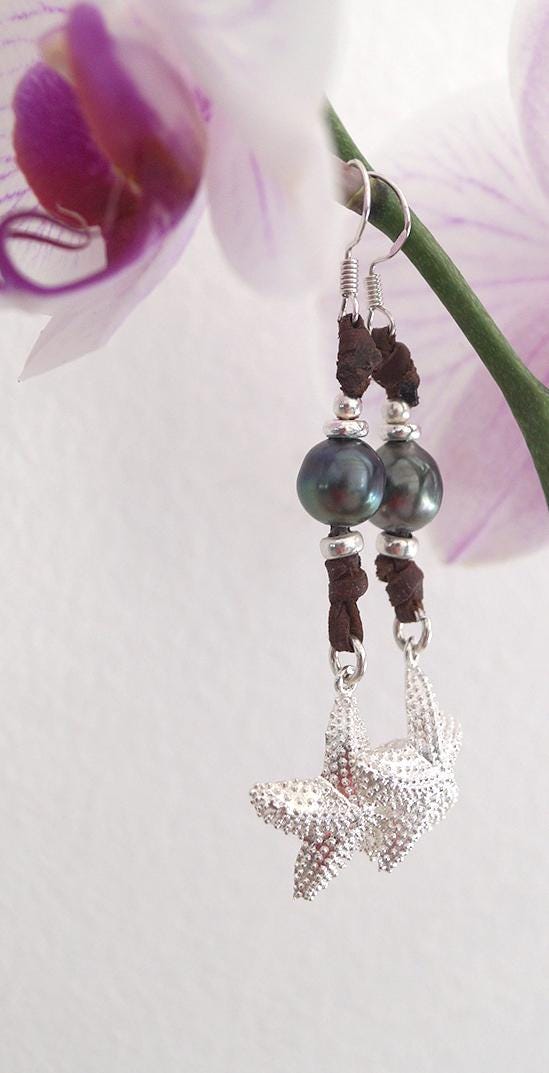 Boucles d'oreilles étoiles de mer avec perle de Tahiti - June