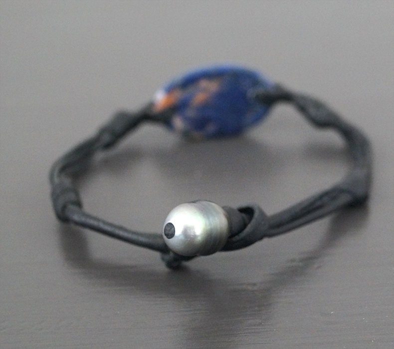 Bracelet cabochon lapis lazuli et fermoir perle de Tahiti - Otto