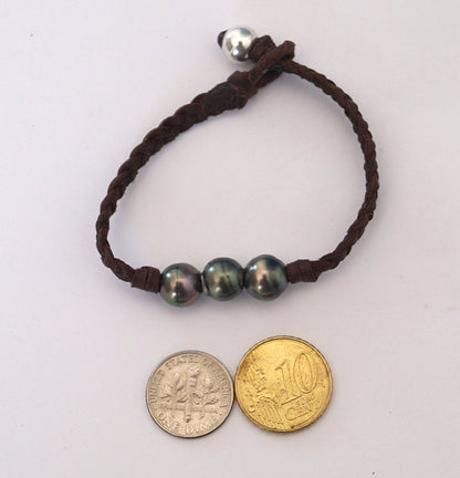 Bracelet 3 Perles de Tahiti et cuir tressé Lior