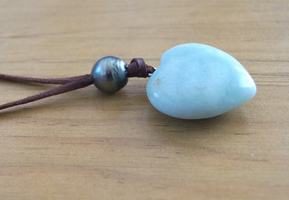 Pendentif coeur amazonite, perle de Tahiti, cuir collier ajustable - Gina