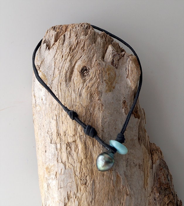 Bracelet de cheville perle de Tahiti et larimar - Kira