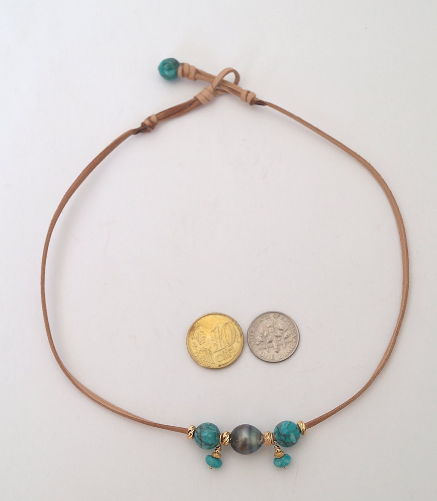 Tahitian pearl choker with green turquoises - Eria