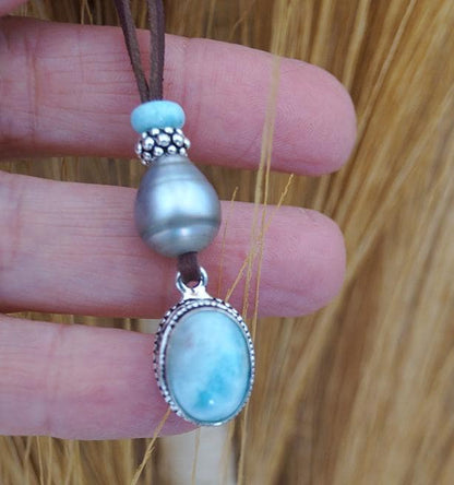 Collier Perle de Tahiti et pendentif Larimar et argent 925, cuir collier coulissant - Nola