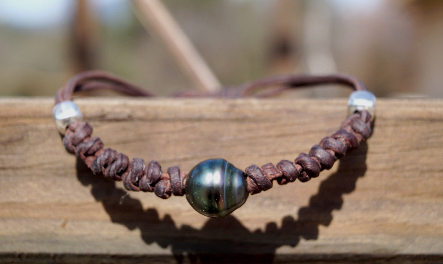 Bracelet cuir noué avec perle de Tahiti et argent 925 - Henry