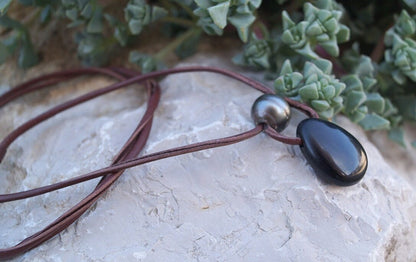Pendentif obsidienne perle de Tahiti, collier homme, ajustable - Grio