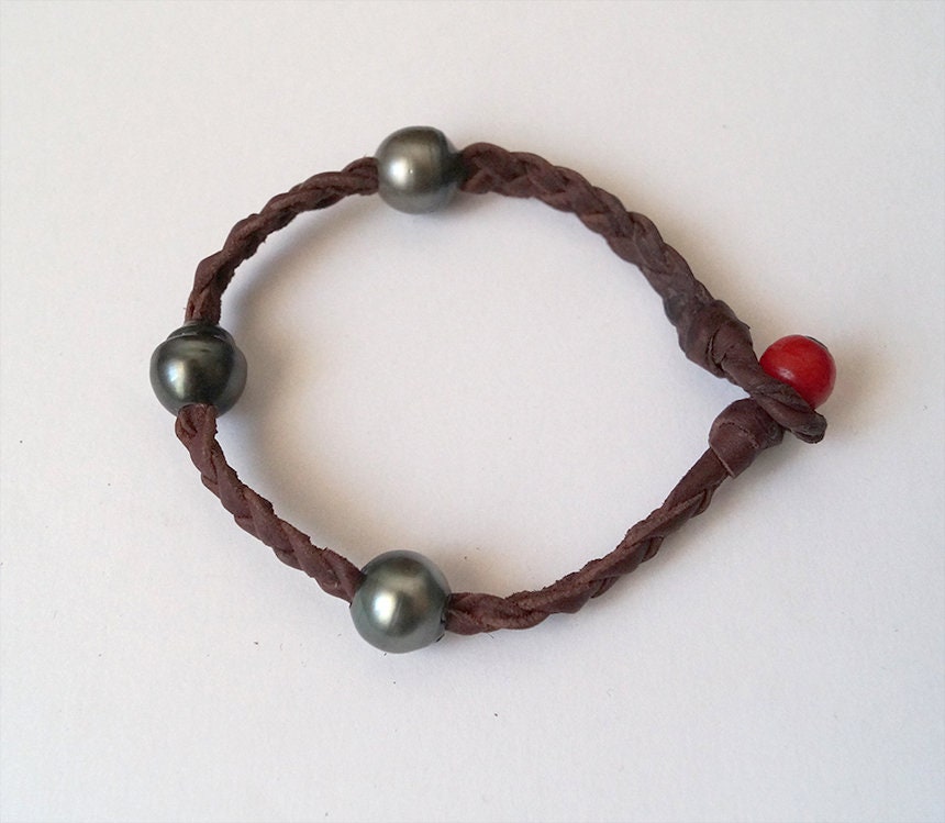 Bracelet with 3 Tahitian Pearls - Braided Leather - Lucio