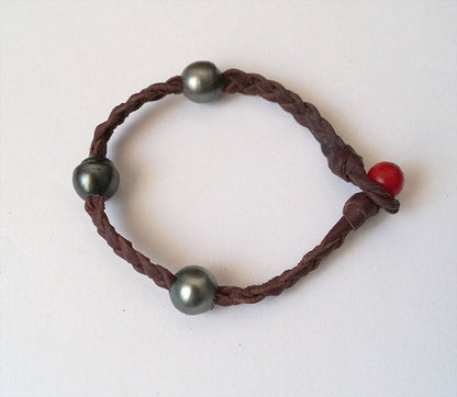 Bracelet with 3 Tahitian Pearls - Braided Leather - Lucio