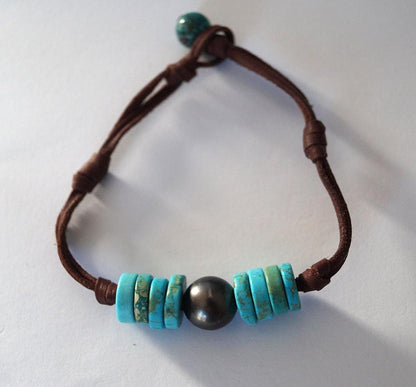 Bracelet rondelles turquoise et perle de Tahiti - Rhea