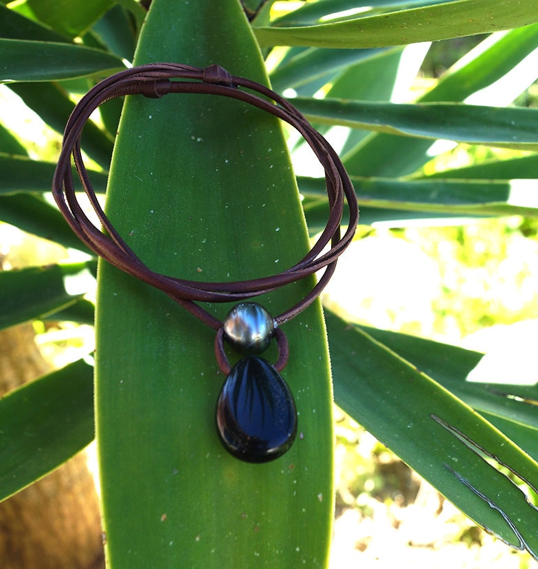 Pendentif obsidienne perle de Tahiti, collier homme, ajustable - Grio