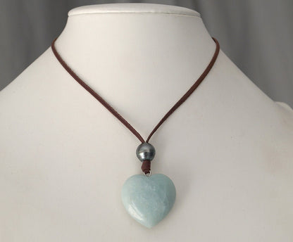 Pendentif coeur amazonite, perle de Tahiti, cuir collier ajustable - Gina