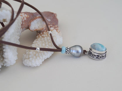 Collier Perle de Tahiti et pendentif Larimar et argent 925, cuir collier coulissant - Nola