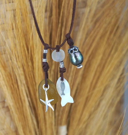 Collier Perle de Tahiti, perles argent, verre de mer, nacre, cuir adaptable - Asha