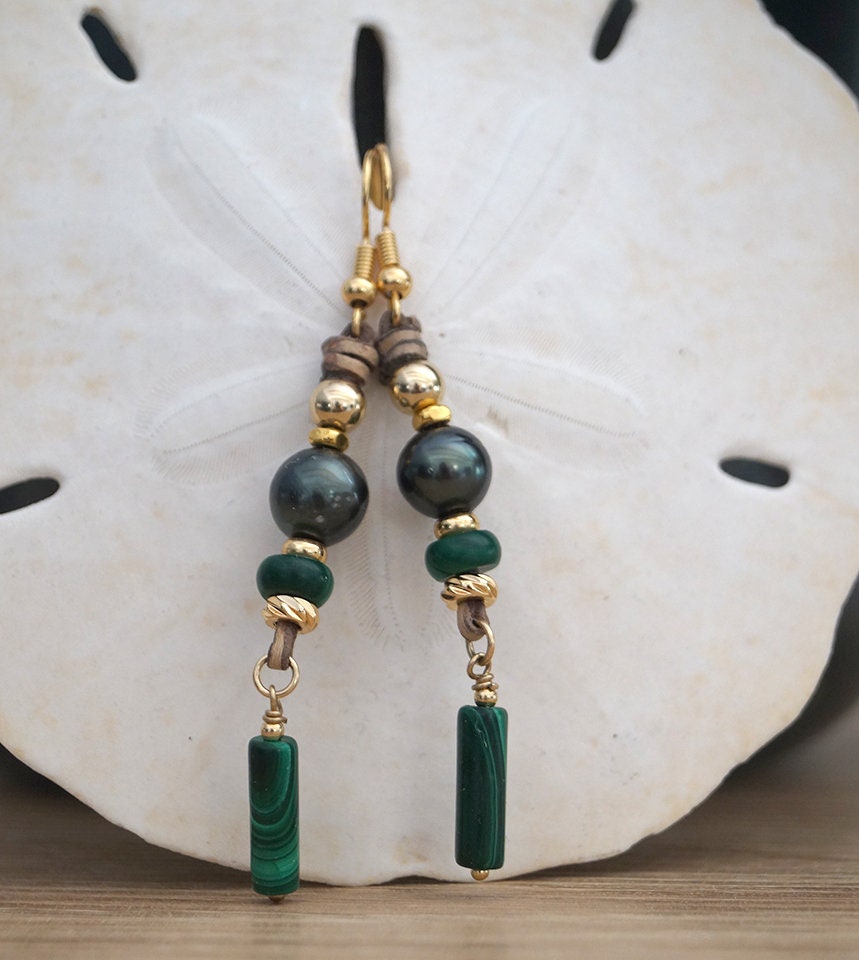 Boucles d'oreilles en Perles de Tahiti, perles malachite, plaqué or 18k - Lumea