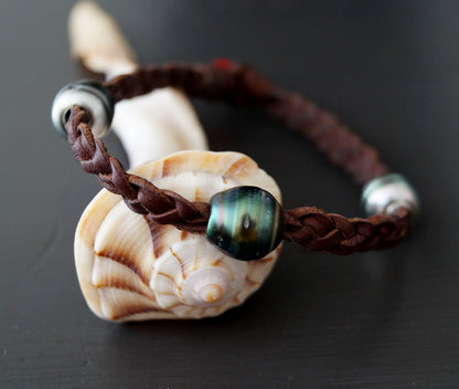 Bracelet with 3 Tahitian Pearls - Braided Leather - Lucio