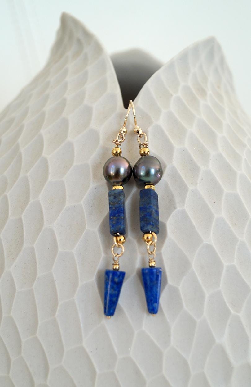 Boucles d'oreilles lapis lazuli et perles de Tahiti - Isia