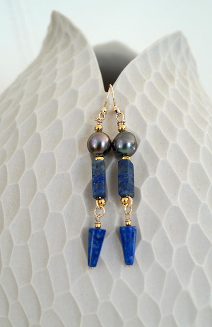 Boucles d'oreilles lapis lazuli et perles de Tahiti - Isia