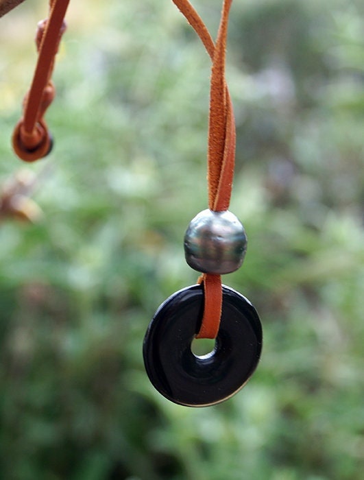 Collier pendentif pierre obsidienne et perle de Tahiti - Teddy