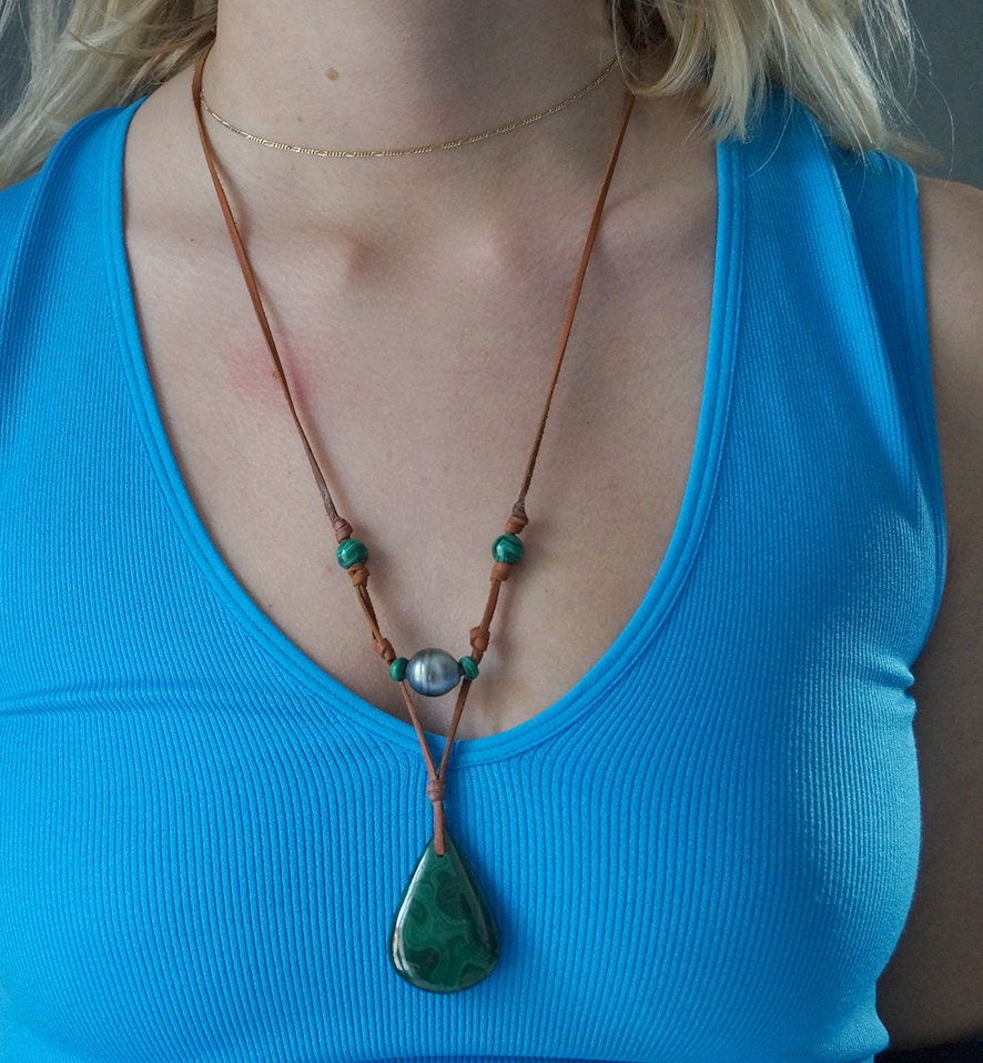 Collier pendentif malachite et perle de Tahiti - Iona