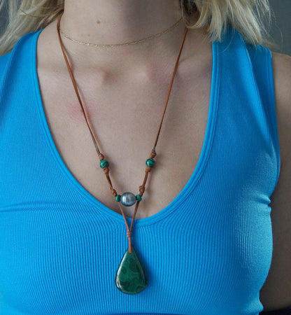 Collier pendentif malachite et perle de Tahiti - Iona