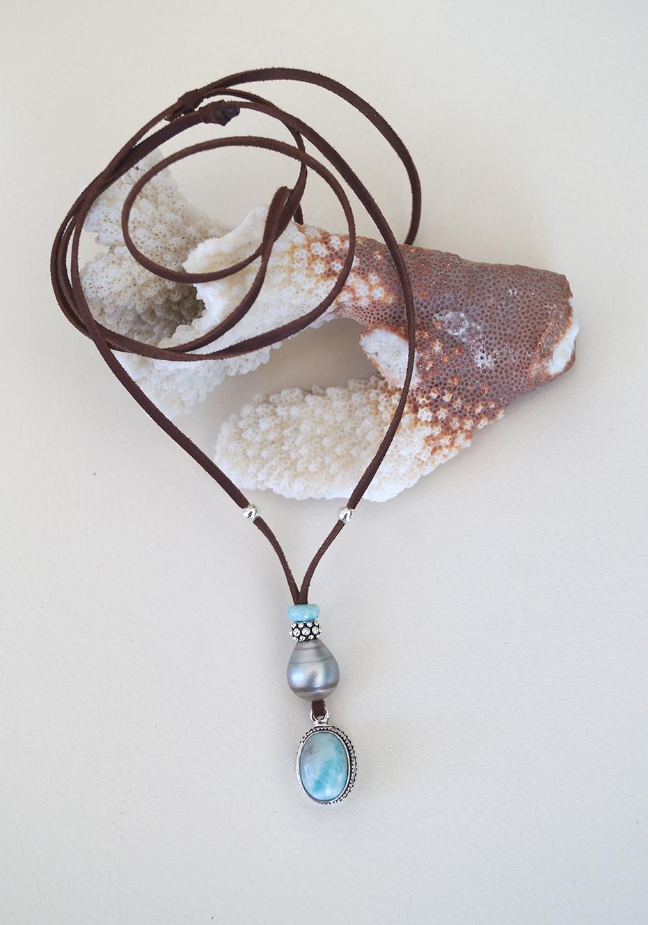 Collier Perle de Tahiti et pendentif Larimar et argent 925, cuir collier coulissant - Nola
