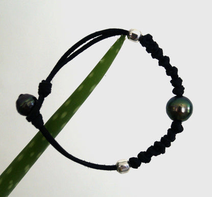 Bracelet cuir noué avec perle de Tahiti et argent 925 - Henry