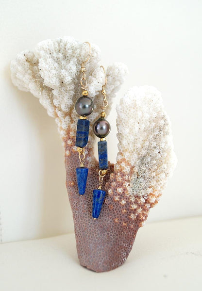 Boucles d'oreilles lapis lazuli et perles de Tahiti - Isia