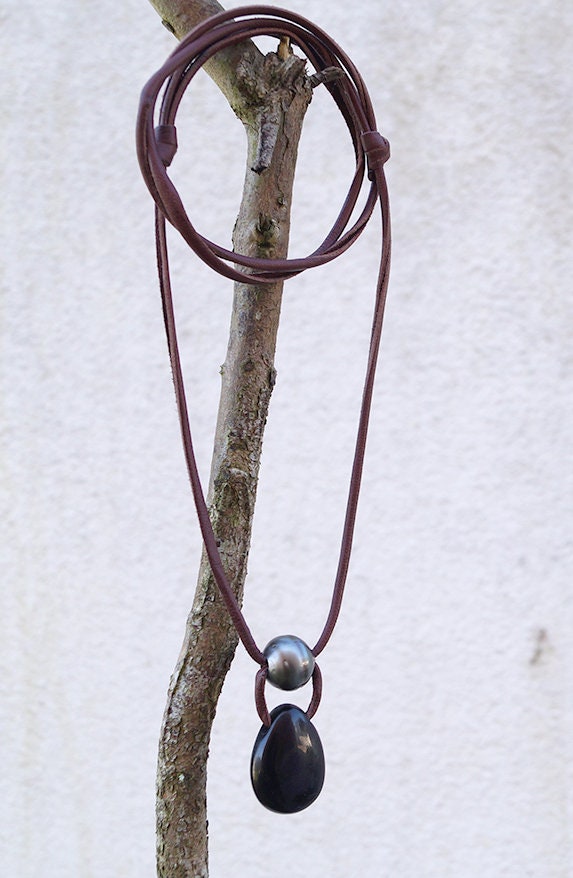 Pendentif obsidienne perle de Tahiti, collier homme, ajustable - Grio