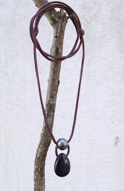 Pendentif obsidienne perle de Tahiti, collier homme, ajustable - Grio
