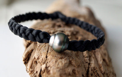Bracelet cuir large tressé et perle de Tahiti - Rajam