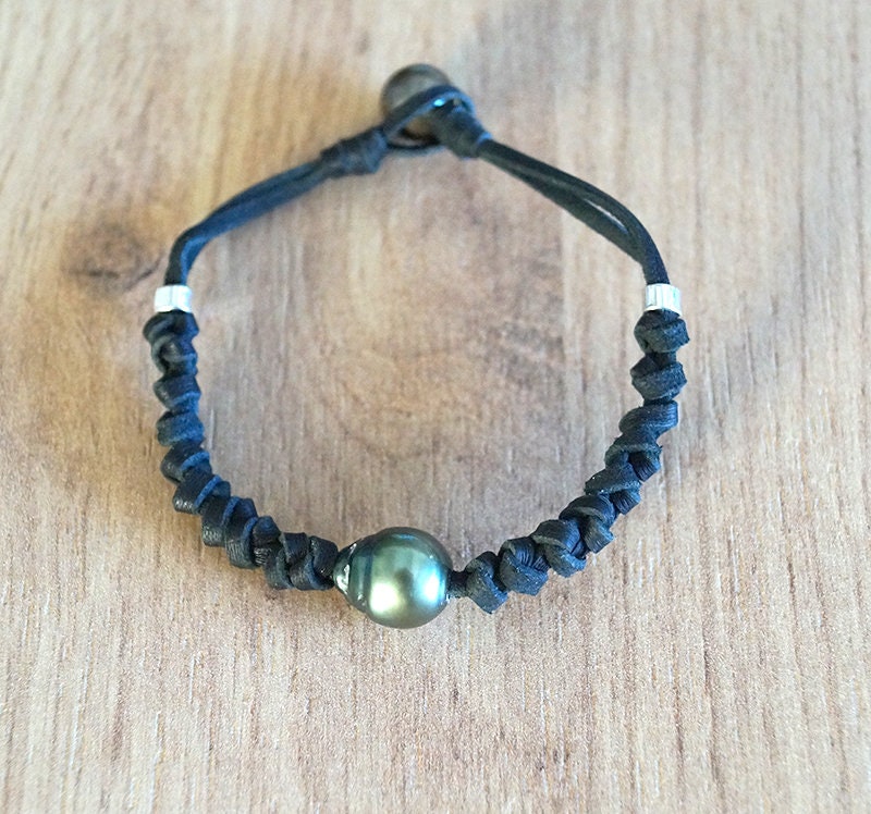 Bracelet cuir noué avec perle de Tahiti et argent 925 - Henry