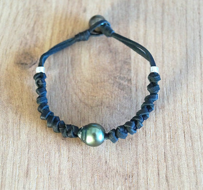 Bracelet cuir noué avec perle de Tahiti et argent 925 - Henry