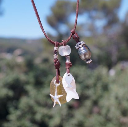 cuir étoile mer pendentif perle gnoire